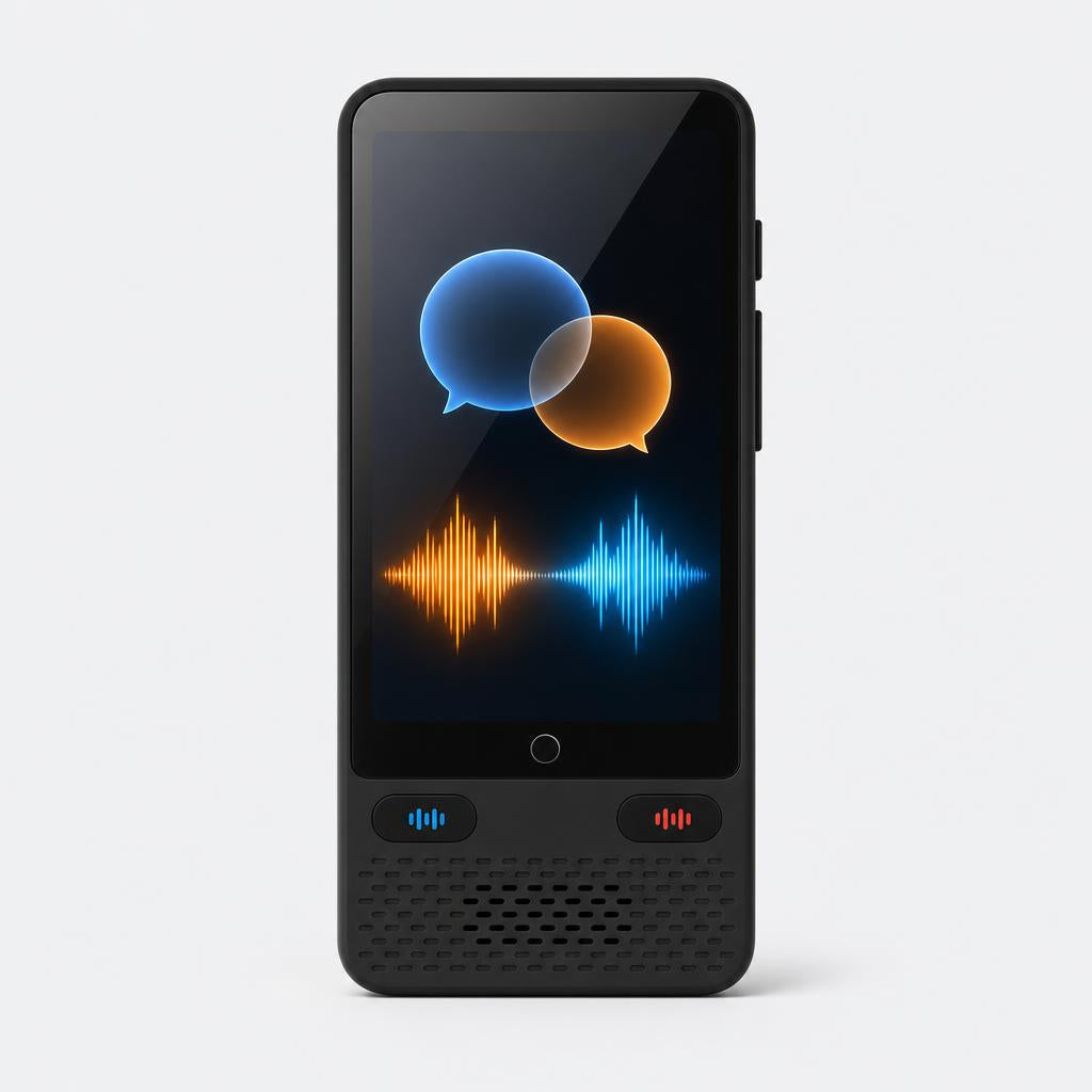 Traductor de voz S85 visto de frente con la pantalla encendida